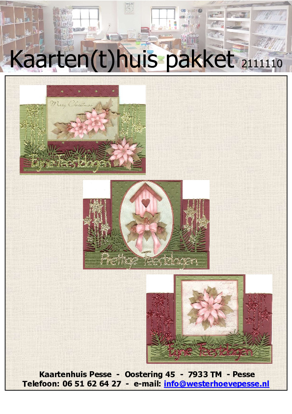 3 Kerstkaarten 3D
- pakket nr:  KH 2111110
- papier voorgesneden 
- plaatjes zelf knippen
- prijs:   &euro; 5,95