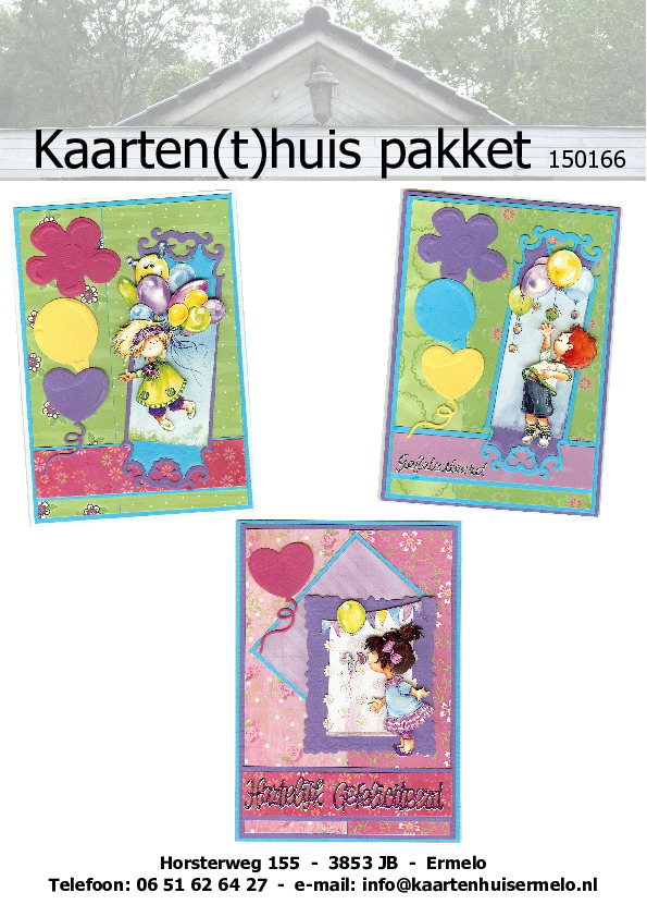 <p>3 Felicitatiekaarten
- pakket nr: KH 150166
- papier voorgesneden
- plaatjes zelf knippen
- prijs: &euro; 5,50</p><p>&nbsp;</p>