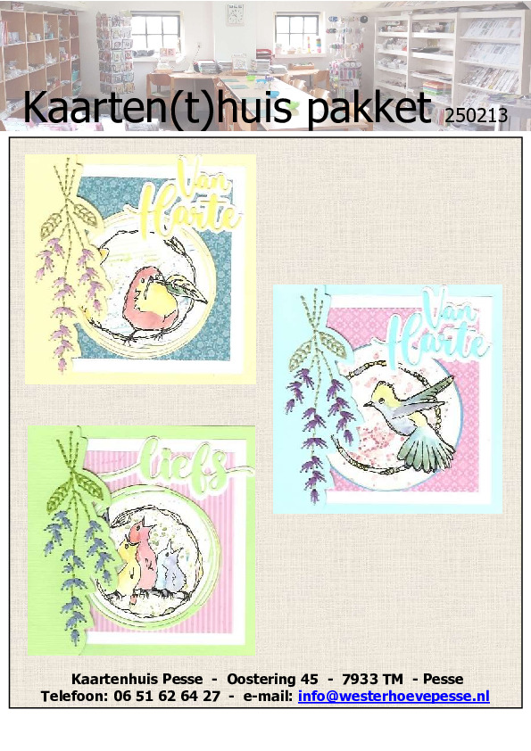 <p>3 Lente kaarten
- pakket nr: KH 250213
- papier voorgesneden
- plaatjes zelf knippen
- prijs: € 5,95</p> <p>3 Lente kaarten
- pakket nr: KH 250213
- papier voorgesneden
- plaatjes zelf knippen
- prijs: € 5,95</p>