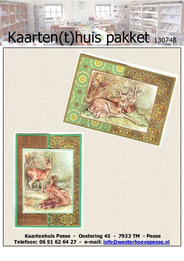 2 Kaarten Herten 3D
- pakket nr:  KH 130748
- papier voorgesneden 
- plaatjes zelf knippen
- prijs:   &euro; 3,50