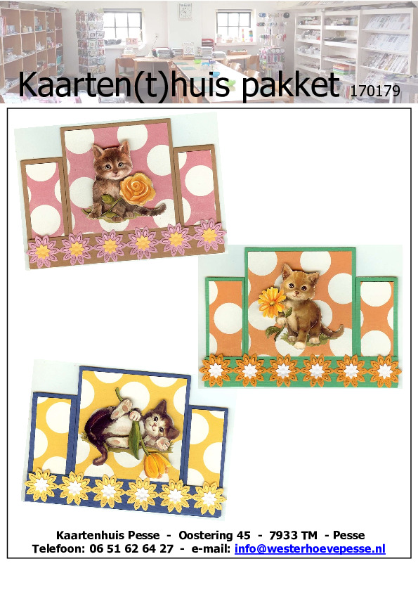 3 schattige poesjes
- pakket nr: 170179
- papier voorgesneden
- plaatjes zelf knippen
- prijs: € 5,50 3 schattige poesjes
- pakket nr: 170179
- papier voorgesneden
- plaatjes zelf knippen
- prijs: € 5,50